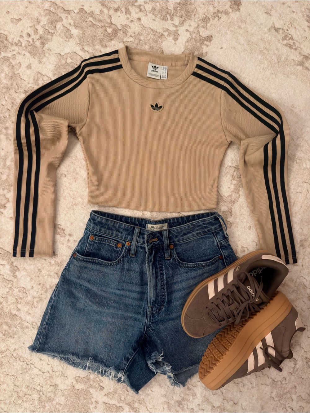 adidas Tan Cropped Ribbed Crew Neck Sweatshirt with Black Stripes